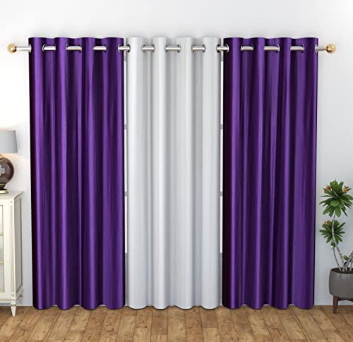 Ivaza Solid Plain Polyester Window Curtains Set Of 3, (4 Feet X 5 Feet, Purple White