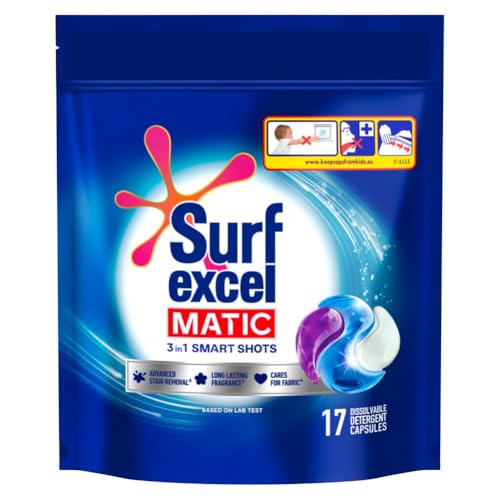 Surf Excel Matic 3 In 1 Smart Shots 17 Pcs|| Laundry Detergent Pods For Tough Stain Removal In Front Load & Top Load Washing Machines|| Fragrance + Care