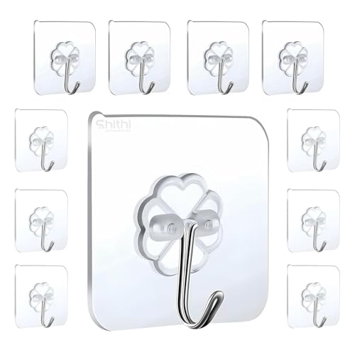 Shithi Enterprises Self Adhesive Wall Hooks For Kitchen Stainless Steel | 10 Pcs Heavy Duty (Upto 5Kg) Multi-Function Nail Free Pvc Waterproof Wall Hanges For Keys, Towels, Ceiling, Bathroom, Doors