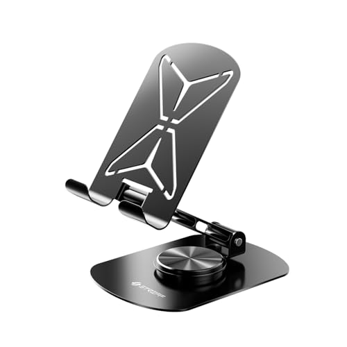 Striff Mobspin 360° Rotating Metal Phone Stand, Foldable Mobile Holder With Adjustable Height & Angle, Stable Round Base, Thick Case Friendly, For Smartphones, Tablets, Kindles & Ipads – Black