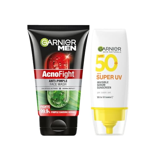 Garnier Men Acno Fight Anti Pimple Face Wash 100G + Super Uv Invisible Serum Sunscreen 30Ml (2 Items In The Set)