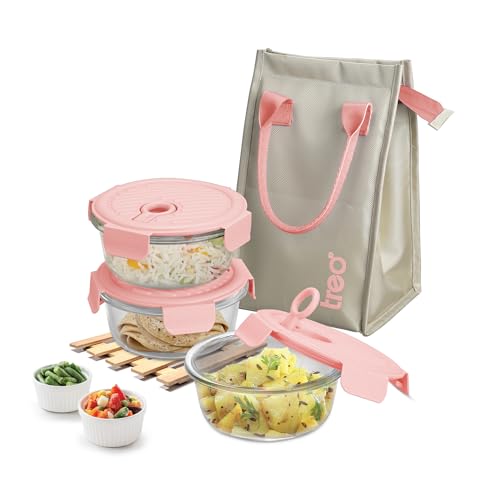 Treo By Milton Lumino Fresh Round Borosilicate Glass Lunch Box Set Of 3, Peach Lid, 400 Ml Each With Lunch Bag, Microwave & Dishwasher Safe, Leak Proof Containers Office Tiffin