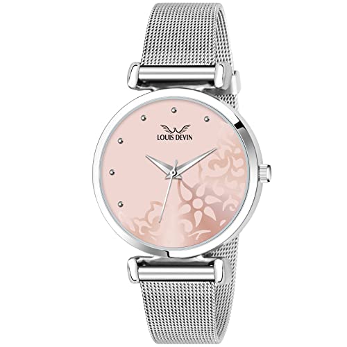 Louis Devin Pink Dial Mesh Steel Chain Analog Wrist Watch For Women | Ld-L157-Pnk-Ch