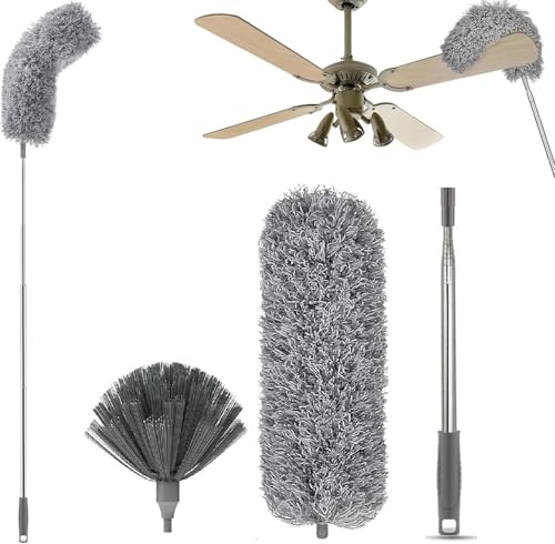 2 In 1 Long Handle Microfiber Feather Ceiling Duster For Dust Cleaning With Extendable Pole 30-100 Inch With Anti Scratch Bendable Head For Cleaning High Cobweb Stick High Ceiling Fan Mop-Gray