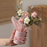 Riyenio Flower Bouquet Pot With Hand Bag | Artificial Flowers Bunch | Crochet Flowers Bouquet Decorative Tabletop Flower Arrangement | Gift For Girls Home Decor,Gifting (Pink And White Flower)
