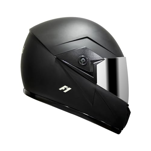 Turtle Helmet F1 Ventilated Design With Scratch Resistive Silver Visor & Hard Shell Abs Plastic Full Helmet, Black, Large Size, (L-60 Cm)