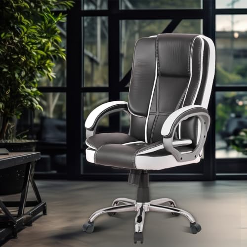 Maharaja Premium Revolving Office Chairs For Work From Home| Boss Chair For Office Work| Ergonomic Leather Orthopedic Executive Boss Chair With Spacious Cushioned Seat | Heavy Duty. (White & Black)
