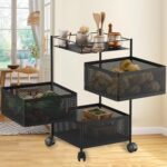 Kitchenstory Storage Rack | 360° Revolving Vegetable Kitchen Rack | Square Multipurpose Storage Trolley With Wheels | Metal Fruit Storage Rack | Kitchen Cabinet Spice Rack (Black, 3 Layer)