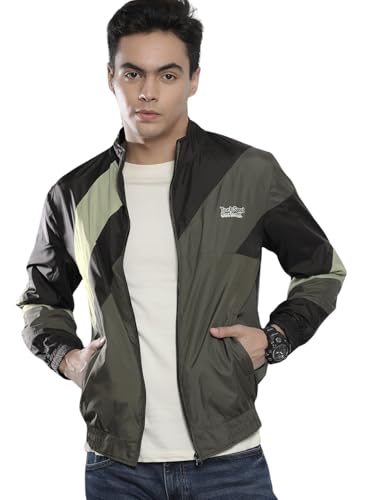 The Indian Garage Co Men Black Regular Fit Placement Print Standup Collar Windcheater (Black_M)