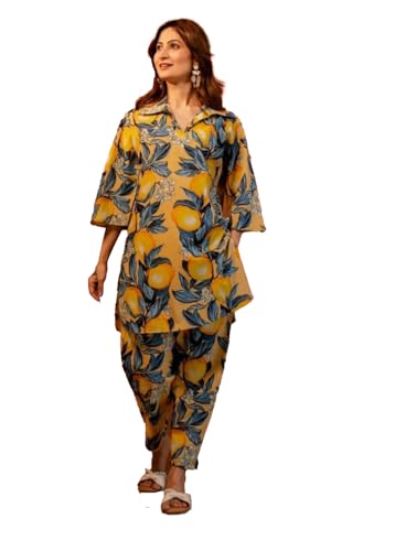 Trendy Queen Women’S Yellow Floral Printed Straight Polyester V-Neck Co-Ord Set (Sd795_Kb-S_Yellow)
