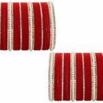 Nmii Metal With Cubic Zirconia And Pearls Velvet Bangles For Women And Girls, (F172-Red-2.8 Inches), Pack Of 78 Bangles Set