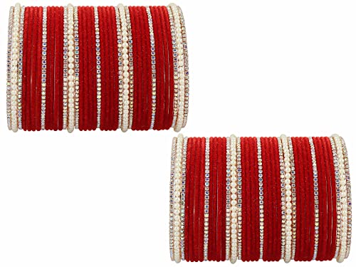 Nmii Metal With Cubic Zirconia And Pearls Velvet Bangles For Women And Girls, (F172-Red-2.8 Inches), Pack Of 78 Bangles Set