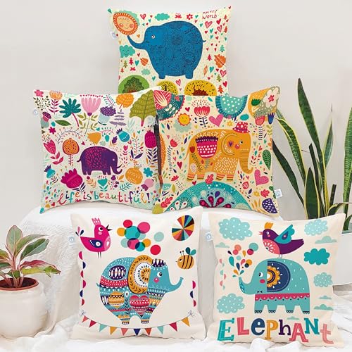 Stitchnest Set Of 5 Polycotton Cushion Covers – 16X16 Inches – Multicolor Elephant & Jungle Print – Playful Cushion Covers For Kids Room, Sofa & Living Room Decor