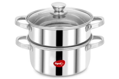 Pigeon By Stovekraft Steel X Steamer Stainless Steel Induction Base, Modak Maker/Momo Maker, Dual Compartment With Glass Lid, 4.6L Capacity, Silver, 4.6 Litres