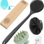 Zoiy 4-In-1 Silicone Bath Brush Set, Long Handle Back Scrubber With Body Scrubber, Scalp Massager, Face Massager, Bpa-Free Exfoliating Shower Brush For Men And Women, Includes 3 Hooks