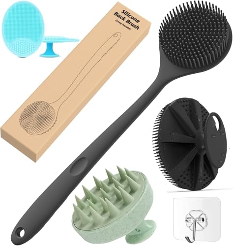 Zoiy 4-In-1 Silicone Bath Brush Set, Long Handle Back Scrubber With Body Scrubber, Scalp Massager, Face Massager, Bpa-Free Exfoliating Shower Brush For Men And Women, Includes 3 Hooks