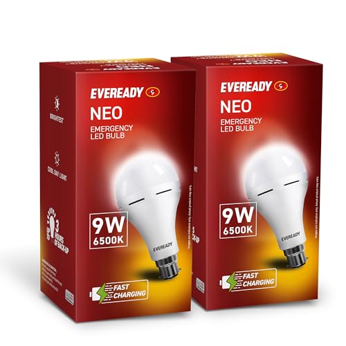 Eveready 9W Emergency Inverter Led Bulb, Cool Day Light (6500K), Rechargeable Bulb With 3 Hours Backup, Ideal For Powercuts, Energy Efficient, B22 Base, Pack Of 2