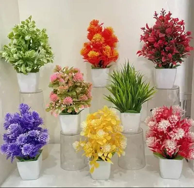 Ryme Set Of 8 Bonsai Wild Artificial Plant  With Pot(15 Cm, Multicolor)