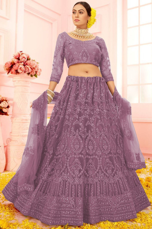Trivora Embroidered Semi Stitched Lehenga Choli(Purple)