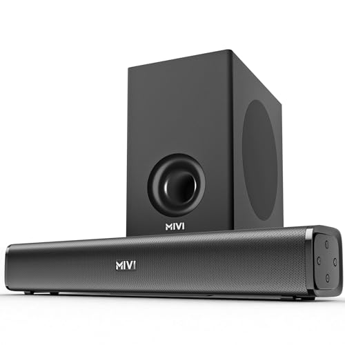 Mivi Hip Hop 300 Soundbar With Subwoofer [2025 Latest Launch], 90 Watts Compact Home Theatre Sound Bar And 1 External Sub-Woofer, 2.1 Channel, Multiple Input Modes, Bluetooth V5.3, Made In India