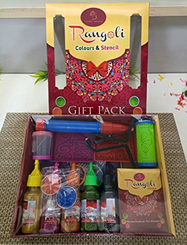 Craftvatika Complete Rangoli Making Kit Tools, Gift Pack Of Rangoli Colour Powder Bottle, Stencil With Candle Diya For Diwali Decoration Items Floor Art Rang For Home Pongal Pooja Décor.