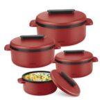 Milton Micronova Gift Set Inner Stainless Steel Casserole, Set Of 4 (380 Ml, 775 Ml, 1345 Ml, 1950 Ml), Red, Bpa Free, Food Grade, Hot And Cold, Microwaverable Steel, Dishwasher Safe, Chapati, Roti