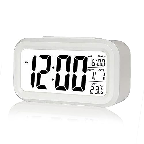 Kadio Digital Alarm Clock,Battery Operated Small Desk Clocks,With Date,Indoor Temperature,Smart Night Light,Lcd Electronic Clock For Bedroom Home Office – White (Kdwhite)