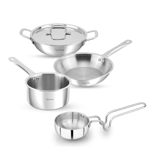 Lifelong Triply Kadai, Frypan, Saucepan & Tadka Pan For Cooking | 22Cm Kadai (2L) & Fry Pan (1.25L) 22Cm|16Cm Saucepan (1.2L) & Tadka Pan 10 Cm With Common Lid |Induction Bottom & Gas Stove Cookware