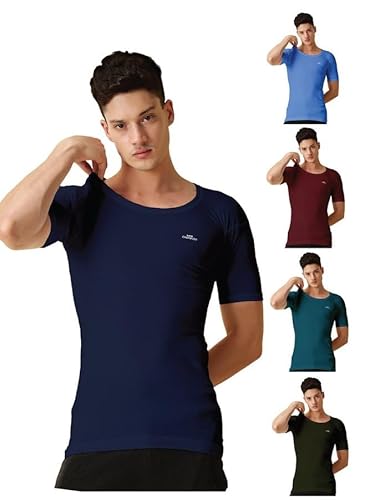 Lux Champion Men’S Cotton Color Vest Rns | 100% Super Combed Cotton | Round Neck, Half Sleeves, Breathable, Sweat-Absorbent Comfortable Lux Vest For Daily Use | Pack Of 5-85Cm