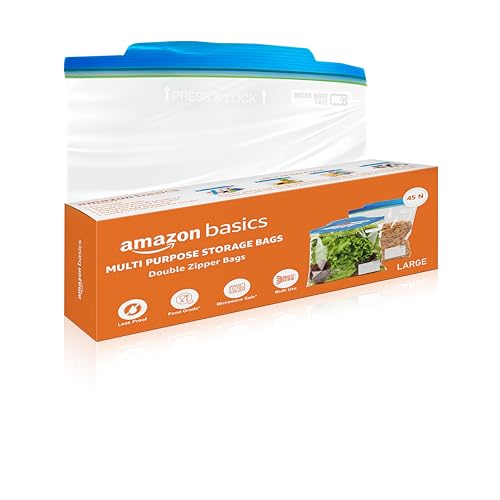 Amazon Basics – Multipurpose Zip Lock Storage Bags | 45 Count | Large | 31 X 35 Cm | Reusable And Reclosable With Double Zipper | Material Plastic | Leak- Proof | Food Grade | Microwave Safe