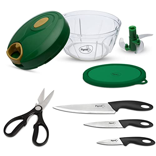 Pigeon By Stovekraft Kitchen Tools Value Combo, Stainless Steel (400Ml Chopper & Storage, 3 Knives Set, 1 Kitchen Scissor), Green