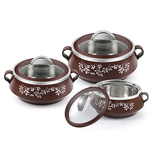 Cello Glitter Casserole With Inner Steel | Insulated Stainless Steel Inner Body Casserole Set For Meal| Chapati| Curry| Roti, 3 Unit, Brown