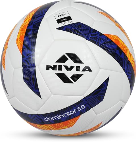 Nivia Dominator 3.0 Football, Match Ball, 32 Panels, Durable & Soft Pu Leather, Butyl Fabric Wounded Bladder, Fifa Basic, To Play On Both Natural And Artificial Grass (Multicolor, Size – 5)