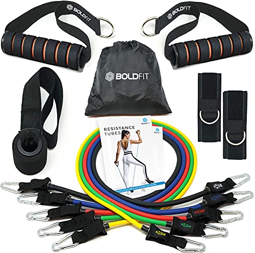 Boldfit Resistance Band Set With Handles, Portable Toning Tubes With Door Anchor & Foam Handles. Resistance Tube Kit With Bag And Ankle Straps Included. (11 Pieces Tube Set), Multicolor, L