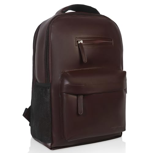 Amazon Basics Leather Laptop Backpack (15.6 Inch) | Water Resistant | Large Storage Compartments | Breathable Shoulder Straps | For Office, Travel Or College (Brown)