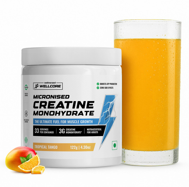 Wellcore Micronised Creatine Monohydrate | Lab Tested | Enhanced Absorption | 100% Pure Creatine(122 G, Tropical Tango)