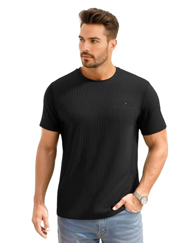 Awg All Weather Gear Men Waffle Knit Regular Fit Solid Crew Neck T-Shirt | Tees For Man | Textured Half Sleeve Stylish T-Shirt’S | Black, Large