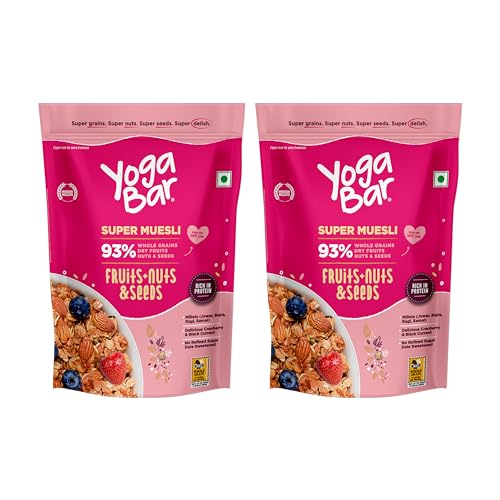 Yogabar Muesli Fruit And Nuts – Wholegrain Breakfast Cereals With Oats And Dry Fruits, High In Omega 3, Gluten Free Granola With Chia And Flax Seeds (400G – Pack Of 2)