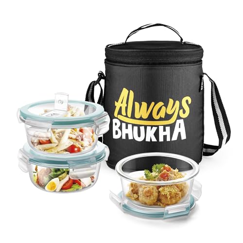 Treo By Milton All Fresh Glass Tiffin Containers With Insulated Bag (Always Bhukha), 3 Containers, 400 Ml Each, Microwave Safe, Ovensafe, Stackable, Leak Proof, Office, Black