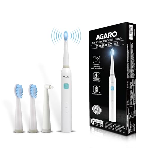 Agaro Cosmic Lite Sonic Electric Toothbrush For Adults With 6 Modes, 3 Brush Heads, 1 Interdental Head And Rechargeable With 3.5 Hours Charge Lasting Upto 25 Days, Power Toothbrush|White