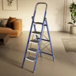 Amazon Basics Super Clamber – Non-Trip And Flat-Foldable Step Ladder, With Anti-Skid Steps, 5 Steps (Steel, Blue & White)