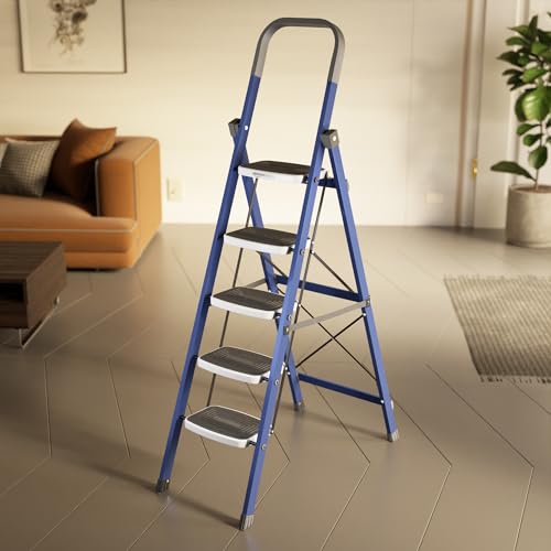 Amazon Basics Super Clamber – Non-Trip And Flat-Foldable Step Ladder, With Anti-Skid Steps, 5 Steps (Steel, Blue & White)