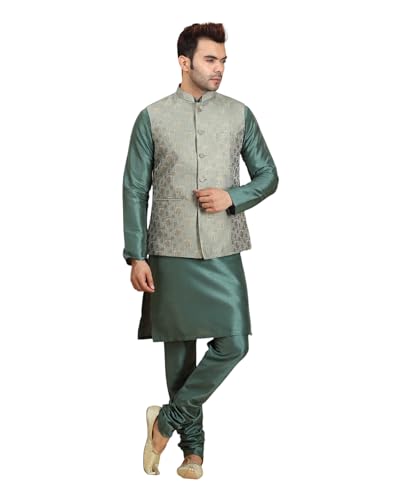 Ethluxis Silk Blend Men Floral Kurta Pyjama Jacket Set (38, Bottle Green)