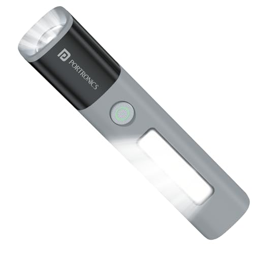 Portronics Eco Glow 2 Tactical Rechargeable Flashlight Torch,Adjustable Focus With Telescopic Zoom, Dual Brightness&Sos Modes,Side Led Panel,300 Lumens,1200Mah Battery,For Camping,Hiking & Emergencies