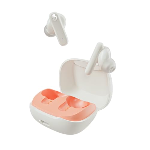Skullcandy Smokin Buds Wireless In Ear Earbuds – Enc For Clear Calls, Music/Movie/Podcast Eq Modes, 20Hr Battery, Rapid Charge, Touch Controls, Solo Bud Use (Bone/Orange Glow)