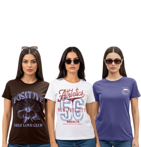 Stylense® Cotton Blend Regular Fit Round Neck Graphic Printed Half Sleeve T-Shirt Combo For Women (Pack Of 3) (Po3_St55_Melfd_56Nwt_Pstbrn_S)