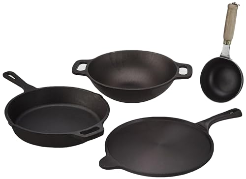 Amazon Basics Cast Iron Tadka Pan |Set Of 4| Medium | 25.4 Cm | 2.5L | 2.4Kg | Toxin-Free | Black