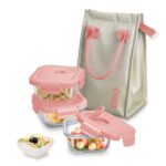 Treo By Milton Lumino Fresh Square Borosilicate Glass Lunch Box Set Of 3, Peach Lid, 320 Ml Each With Lunch Bag, Microwave & Dishwasher Safe, Leak Proof Containers Office Tiffin