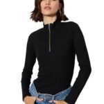 Barcino Rib Half Zipper Full Sleeves Top Black