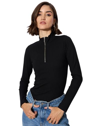 Barcino Rib Half Zipper Full Sleeves Top Black